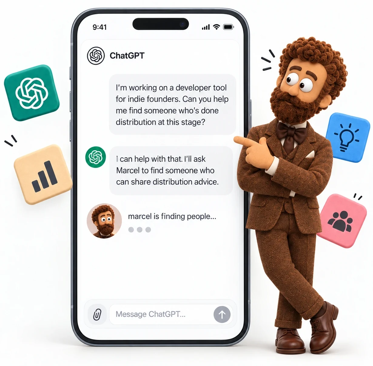 Marcel helping a user through an AI chat
